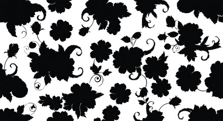 Seamless Black Ink Splash Pattern with Oak Leaf and Floral Silhouette Vector Illustration for Nature Ornament Design and Autumn Decoration © ANASAL