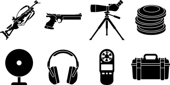 Shooting Sports and Biathlon Equipment Black Silhouette Icons Set Isolated on White Background