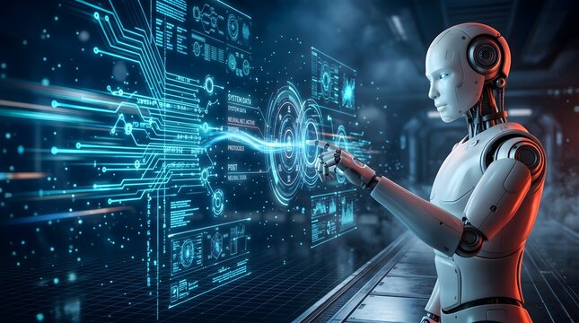 Futuristic Robot Interacting With Holographic AI Interface and Digital Data Visualization