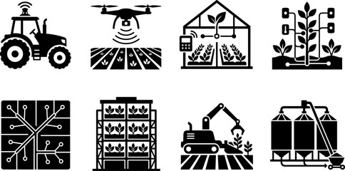 Smart Agriculture and Innovative Farming Technology Black Silhouette Icons Set Isolated on White Background © fulbabu