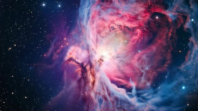 Stunning cosmic nebula in deep space with vibrant clouds of gas and dust, glowing stars, and interstellar formations 4k video