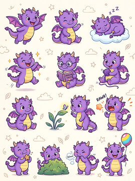 Purple dragon pixel art stickers with rainbow and plants