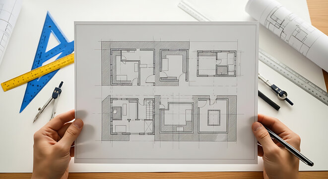 Architectural blueprints of house floor plans displayed on a wooden surface