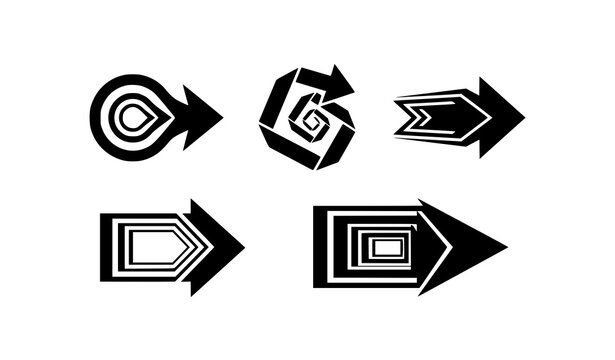 Sliced layered paper effect black arrow icons set. Modern embossed geometric directional signs with shadow gaps for app and web interfaces.