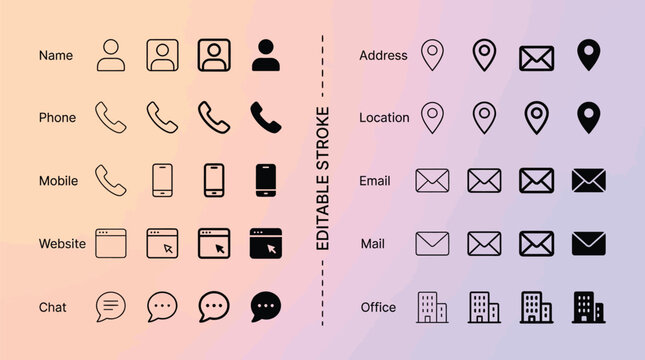 Icons representing contact methods and communication channels are arranged in a clean grid for web design.