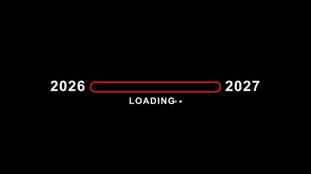Loading bar transition from year 2026 to 2027 on black background