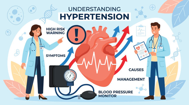 Doctors explain hypertension concepts using a medical infographic featuring a heart diagram and blood pressure monitors.