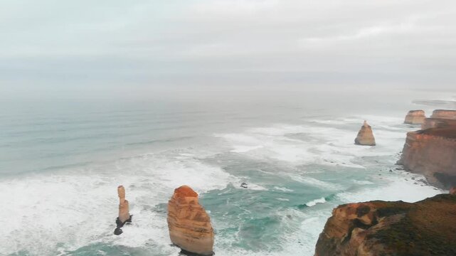 Aerial view of Twelve Apostles from drone, Australia. Collection of limestone stacks. Slow motion