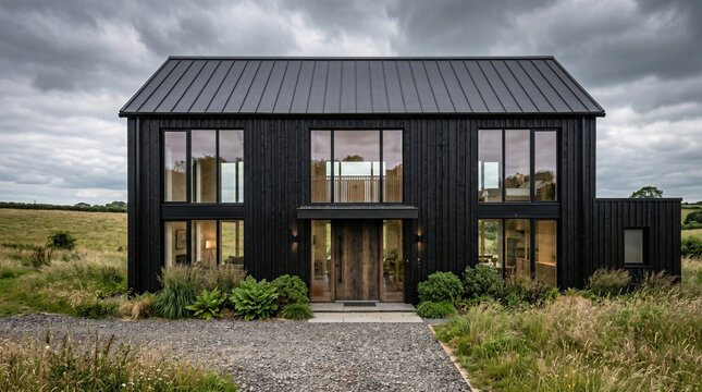 Modern black barn house with large glass windows, contemporary dark wood siding residential home, luxury minimalist architecture in rural landscape