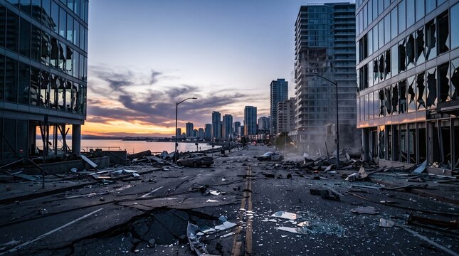 Coastal urban center in a seismic emergency, modern buildings near the sea, broken glass reflecting the evening light, empty and deformed streets.