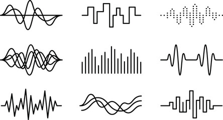 Naklejka premium Audio waveforms display a collection of linear sound frequencies and digital signal variations.