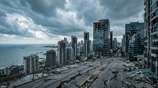 Financial district after a strong earthquake, dense urban area near the sea, high-rise buildings partially damaged, glass facades reflecting soft light.