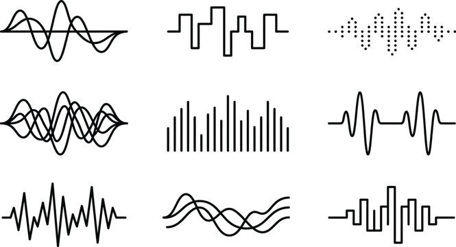 Audio waveforms display a collection of linear sound frequencies and digital signal variations.