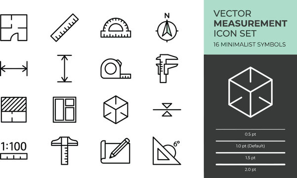 Measurement icons present a technical set of architectural drafting tools and geometric symbols used for precise engineering and design planning.