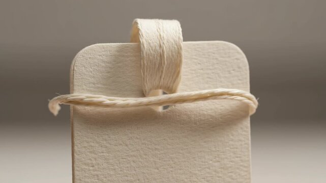 Macro view of string being tied to a blank beige paper price tag label
