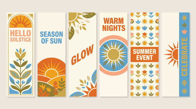 Retro summer solstice vertical banners, vintage sun and floral bookmark set, boho seasonal event posters with warm glow aesthetic and botanical patterns