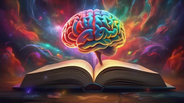 Human brain floating above an open ancient book with vibrant swirling colorful energy in this cinematic digital motion animation video
