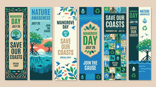 Mangrove Day vertical banner set, nature awareness and save our coasts environmental posters, flat vector collection for July 26 event