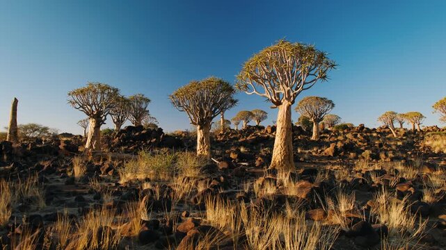 Quiver tree forest on a rocky hill in keetmanshoop, namibia, under a clear blue sky during sunset