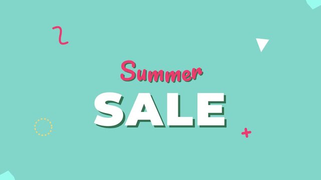 4K Red summer sale kinetic typography loop, 2D flat green geometric animation, fresh retail promo motion graphic