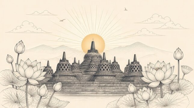 Intricate Line Art of Borobudur Temple at Sunrise with Lotus Flowers