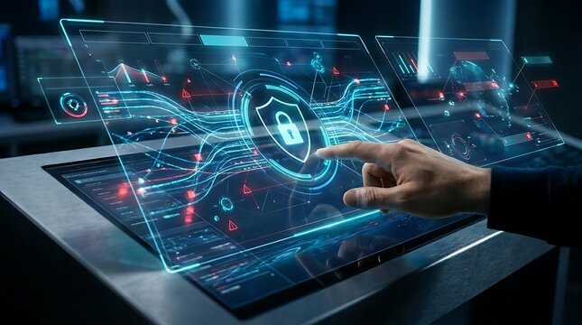 Human Hand Touching Holographic Cyber Security Protection Interface
