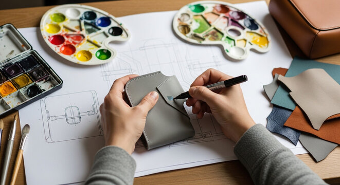 Artisan hands marking a grey leather wallet prototype on a creative workspace with paints and technical sketches