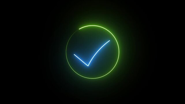neon check mark icon on glowing neon loop circle animation