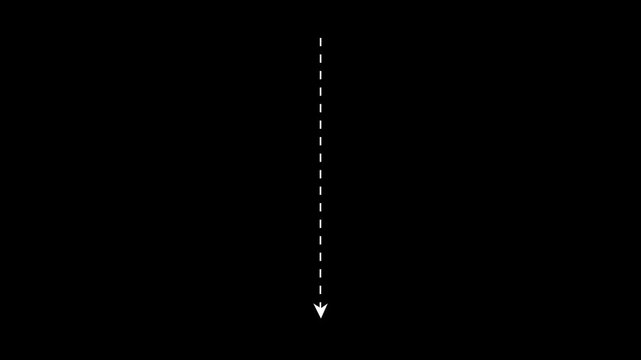 down arrow direction icon with dotted line animation on black background. dot arrows icon sign animated with alpha channel. Black straight arrows animation. Reveal animation of solid, dashed.4k video