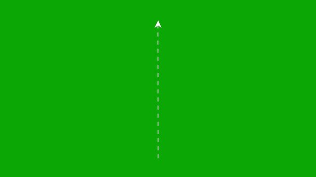 Animated vertical upward arrow with dashed line path on green screen background, direction animation motion, green screen