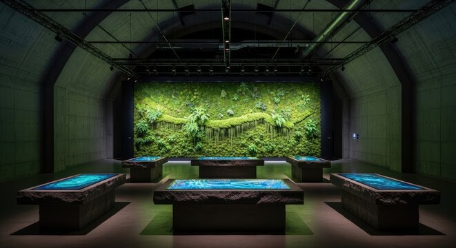 Gallery with living moss wall and digital display tables.