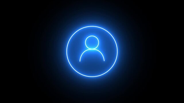 neon icon of user in flat style, person icon, user icon animation. Neon User profile icon inside circle black background