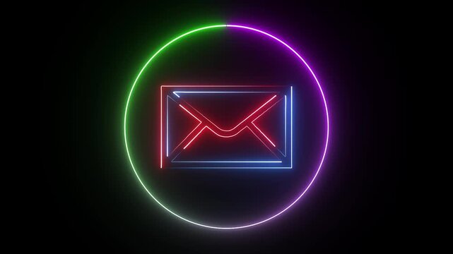 neon mail envelope sign and circle loop animation with black background