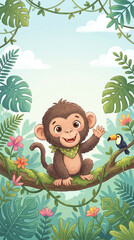 Obraz premium Cheerful baby monkey Chimpanzee jungle branch copy space Vertical