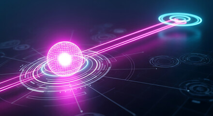 Fototapeta premium Illuminated polygonal object with concentric circles and radiating lines futuristic scene shape