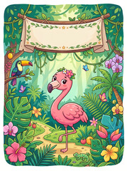 Obraz premium Pink flamingo on jungle path with tropical banner copy space Vertical