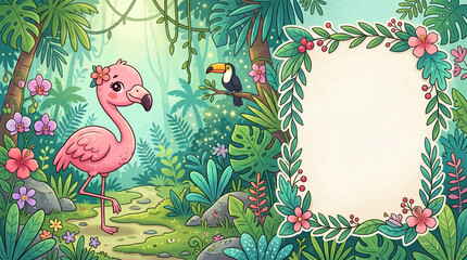 Obraz premium Pink flamingo in tropical jungle with decorative copy space frame