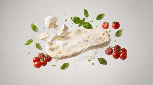 Premium culinary photography showcasing fresh Italian pizza ingredients with ultra realistic textures and clean background presentation