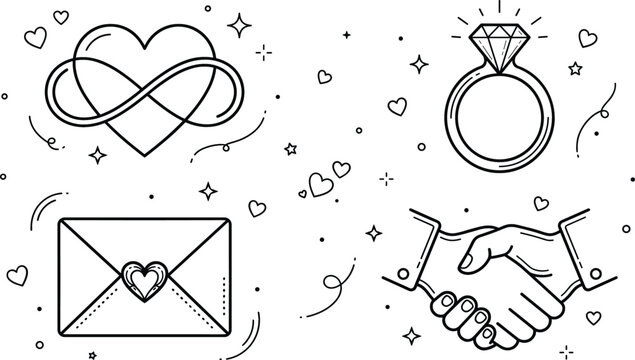 Minimalist wedding love line icon set featuring infinity heart diamond engagement ring envelope handshake romance linear doodle vector