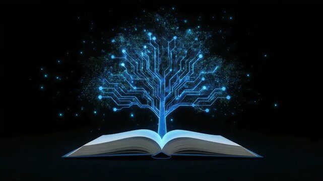 Glowing digital tree circuit board emerges from an open book in this mesmerizing motion animation clip for innovative technology projects