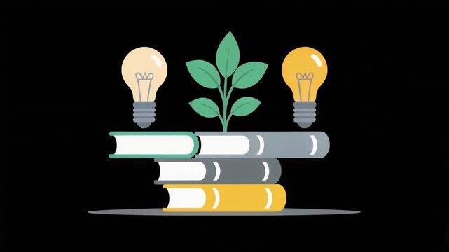 Stacked books sprouting green leaves with glowing light bulbs representing intellectual growth in this animated digital motion graphics video clip