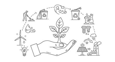 Fototapeta premium Eco Friendly Sustainability Concept Hand Holding Green Plant Illustration
