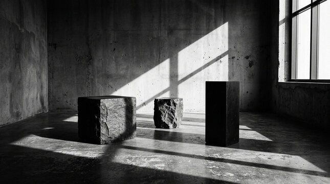 Minimalist black and white interior with geometric sculptures