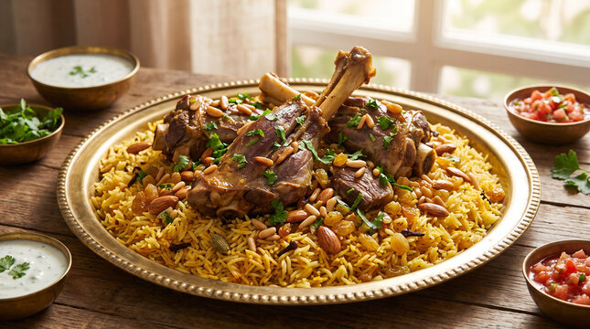 Traditional lamb shank mansaf served with aromatic yellow rice topped with toasted pine nuts almonds and fresh green parsley herbs