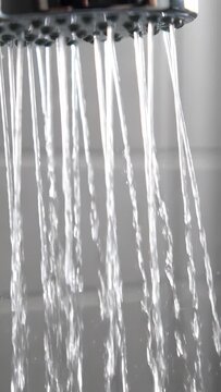 Close-up of water streaming from a shower head, creating a refreshing cascade, offering a cool and cleansing feeling