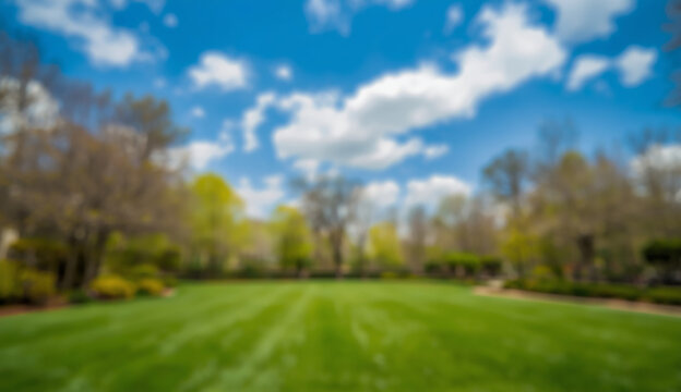 Blurry image of a green lawn with trees under a clear blue sky.