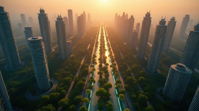 Futuristic city skyline with tall skyscrapers and a central green boulevard