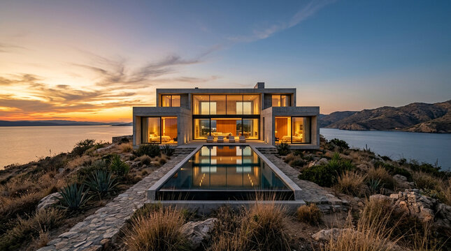 Modern minimalist house by the sea at sunset