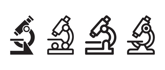 Obraz premium Set of four simple black line icons of laboratory microscopes for scientific research and education.