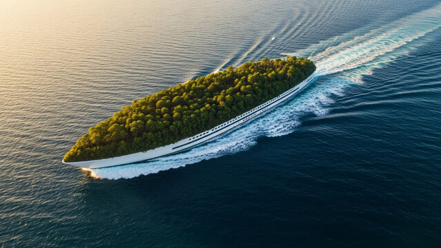 Sustainable luxury yacht concept featuring a dense forest on its upper deck cruising through calm sea waters at dusk